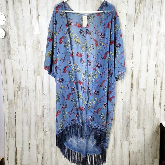 Time and Tru Floral Lace Fringe Cardigan Kimono Blue Size One Size - Picture 1 of 11